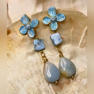 Santorini Inspired Blue Handpainted Flower, Amazonite, & Larimar In Earrings